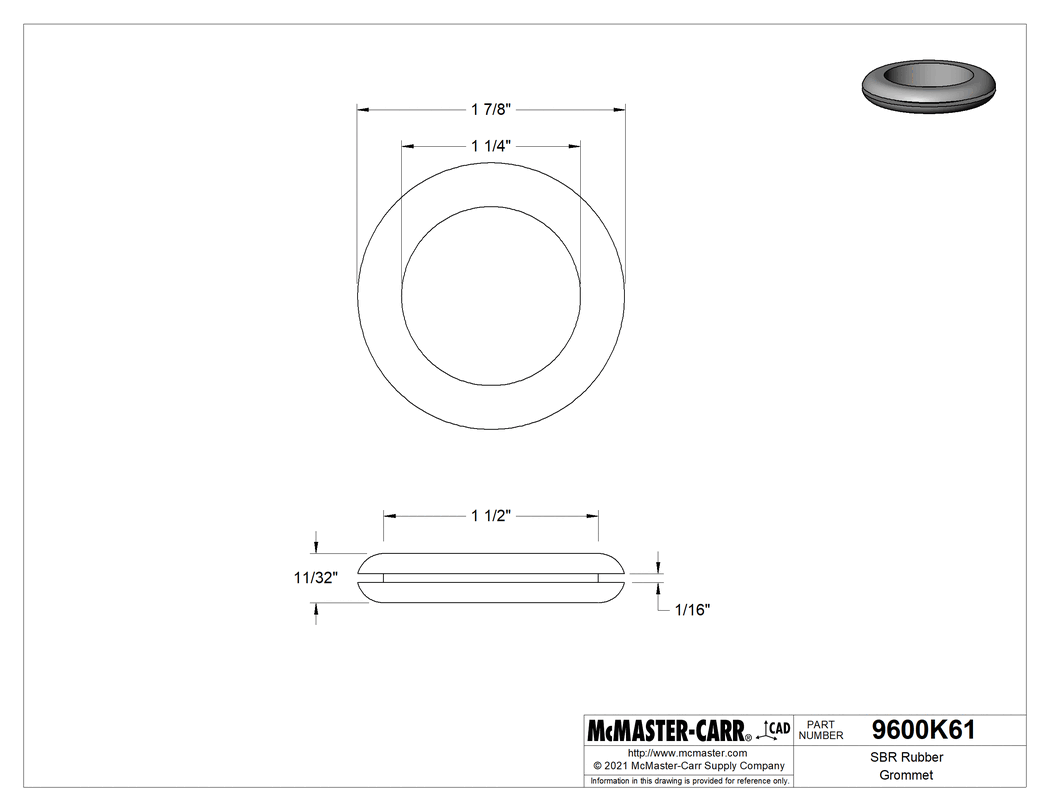 Technical Drawing of SBR Rubber Grommet, for 1-1/2" Hole Diameter and 1/16" Material Thickness .